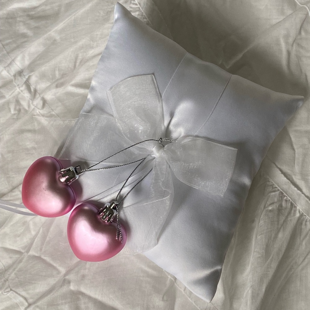 Satin White Ring Bearer Pillow with Pink Heart Ornaments